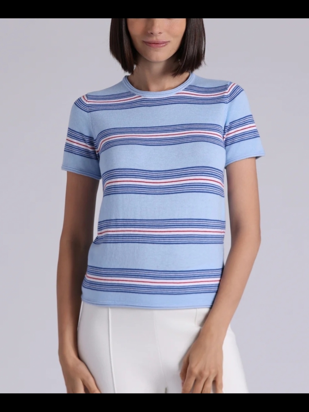 Minnie Rose Light Blue Striped Short Sleeve Knit Top